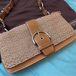 VTG Y2K Mint Coach Khaki Signature Jacquard Flat Brown Shoulder Bag